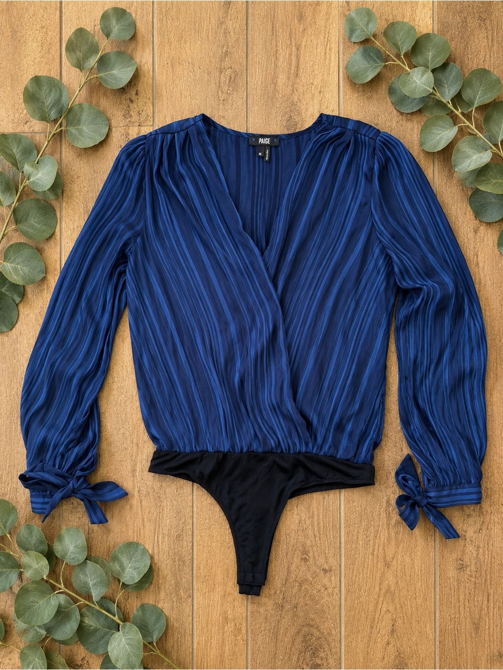 PAIGE Navy & Black Striped Long-Sleeve Donatella Bodysuit Medium